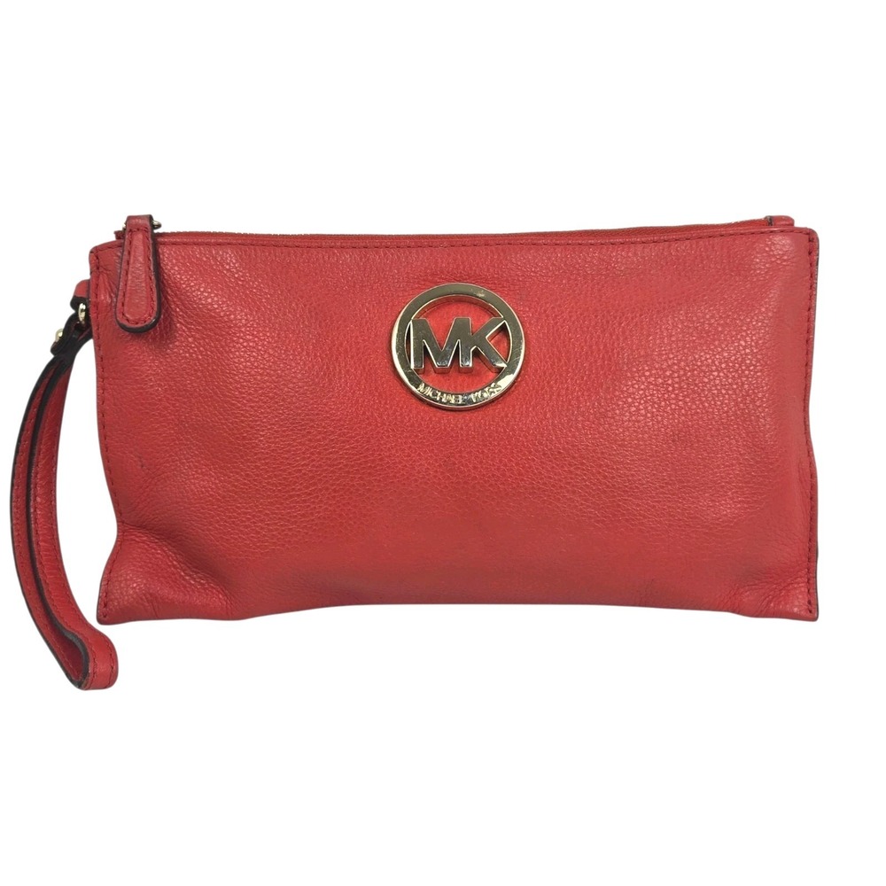 MICHAEL KORS Wristlet Clutch Orange Flat Pebbled Leather Gold ML Logo Super Soft